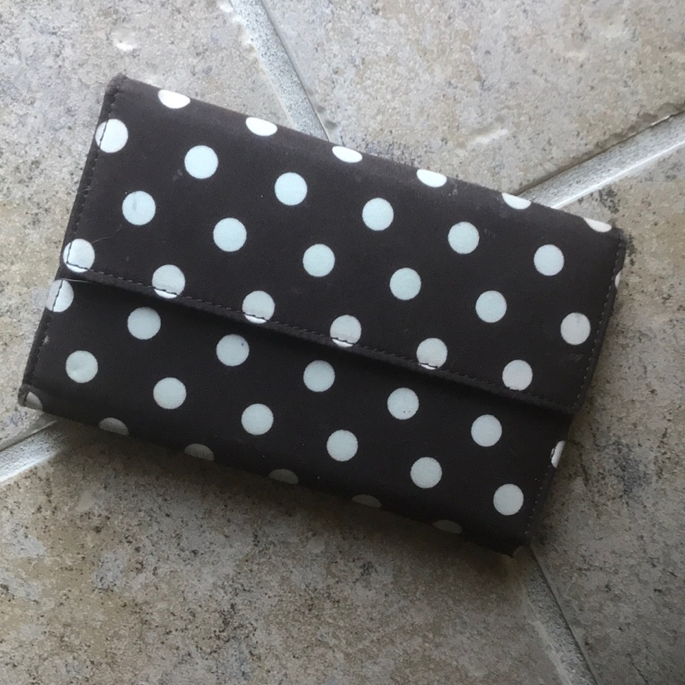 Brown/cream polka dot wallet, 4”x6” w/lots pockets